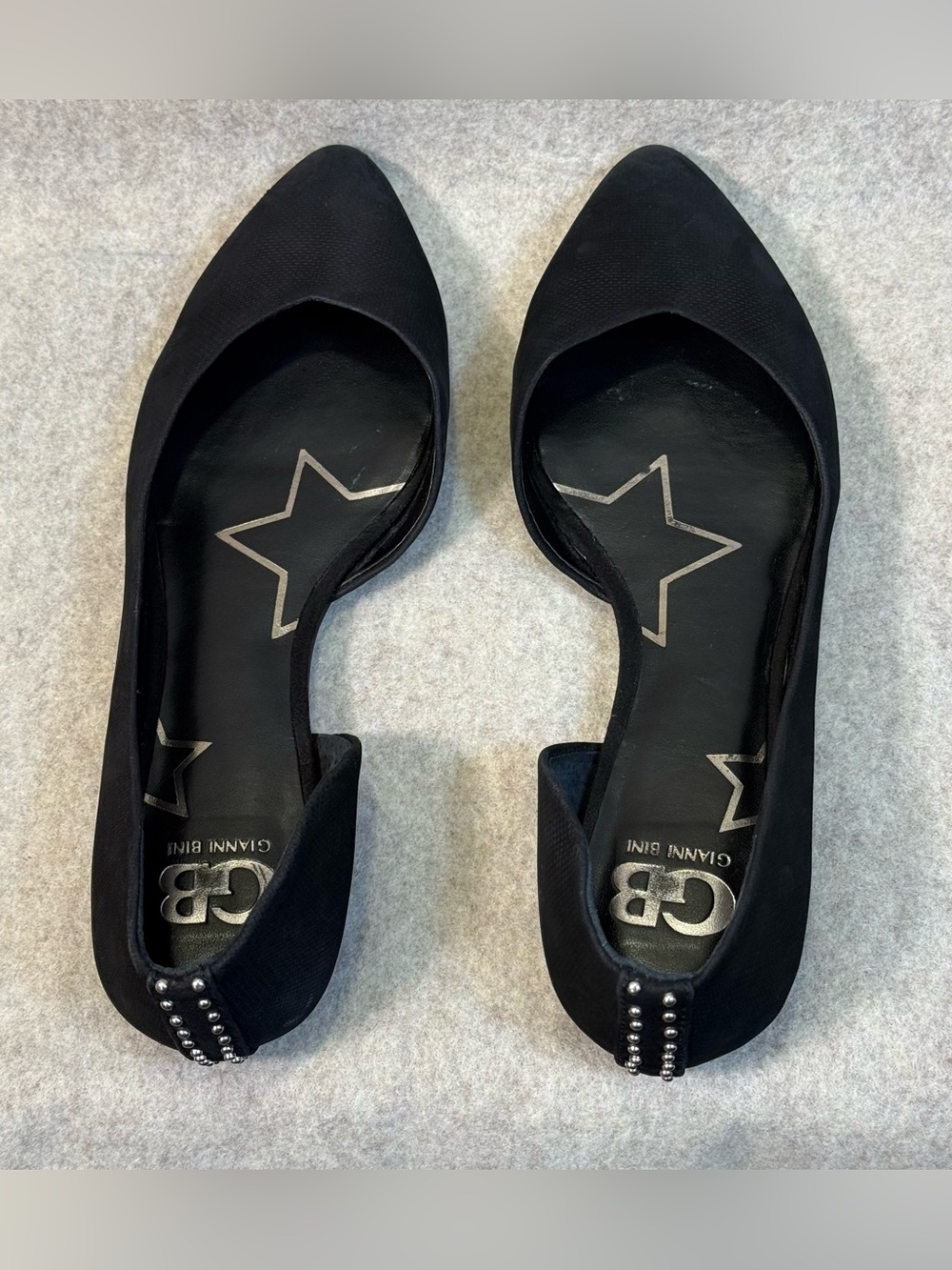 Gianni Bini Black Pointed D'Orsay Flats with Silver Stud Heel - Picture 2 of 11